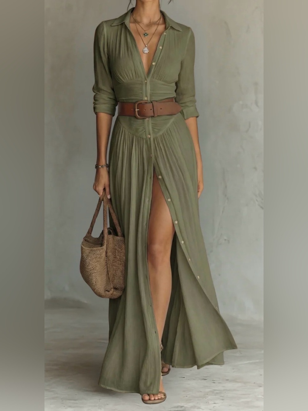 Olive Green Long-Sleeve Button-Front Maxi Dress w/ belt